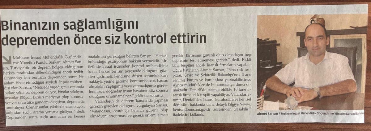 Bina güvenliği ve risk tespiti konulu gazete röportajı küpürü